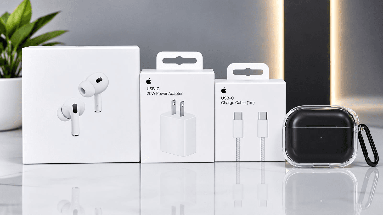 Combo con AirPods, cargador, cable y funda