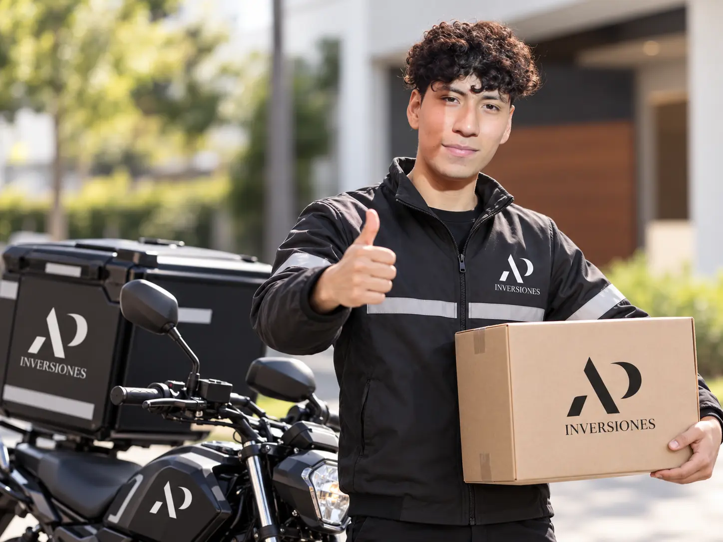Repartidor de AP Inversiones con una caja y su moto